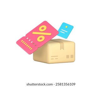 Courier delivery postal parcel sale discount cargo shipping 3d icon realistic vector illustration. Online shopping order commercial retail price off special offer for goods mail post shipment