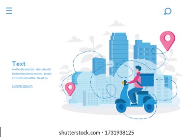 Courier, Delivery service in city. Fast delivery. Vector illustration for web banner, infographics, mobile. Courier character shipping parcels by scooter