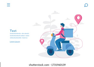 Courier, Delivery service in city. Fast delivery. Vector illustration for web banner, infographics, mobile. Courier character shipping parcels by scooter