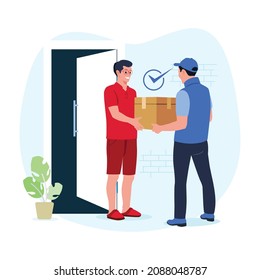 Courier from delivery service delivers order box to customer at home