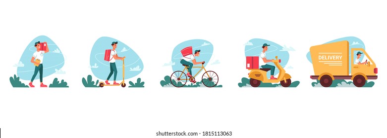 Courier delivery service, express delivering icons. flat vector cartoons. Delivery couriers on bicycle, moped scooter, logistics truck with courier man or boy delivering red parcel box with orders