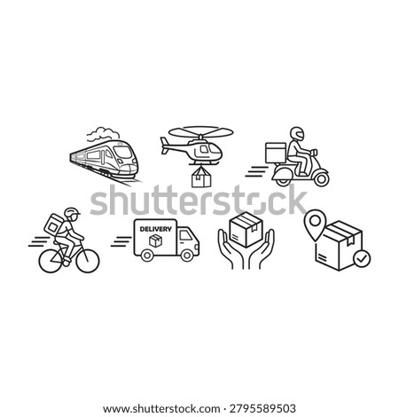 Courier delivery service and logistics transport icon set with simple bold outline truck motorcycle courier train and package tracking