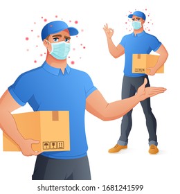 Courier delivery service man in mask holding box and showing OK hand sign gesture. Protection from coronavirus. Full size under clipping mask. Vector illustration isolated on white background.