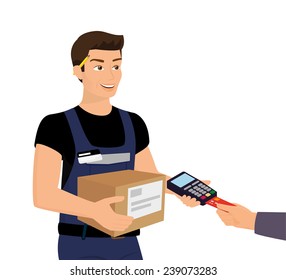 Courier delivery service man and mobile payment for the order by credit card via acquiring terminal