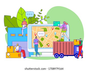 Courier delivery service, package shipping and logistic concept, tiny people cartoon characters, vector illustration. Mail box transportation, express post truck, men and women order goods online
