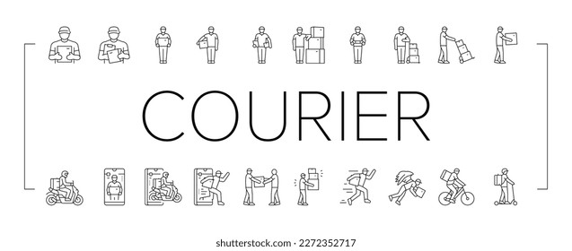 courier delivery service shipping icons set vector. order package, transport box, fast business online, express transportation, logistic courier delivery service shipping black contour illustrations