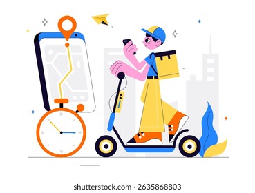 Courier or Delivery Service Vector Illustration Featuring Workers Delivering Goods Such as Food or Documents in Cardboard Package Boxes in Background