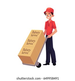 Courier, delivery service worker with hand cart, dolly loaded with boxes, cartoon vector illustration isolated on white background. Full length portrait of delivery service man with hand cart, dolly