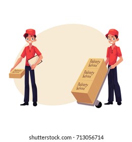 Courier, delivery service worker holding package, pushing dolly, hand cart with boxes, cartoon vector illustration with space for text. Full length portrait of young delivery service man