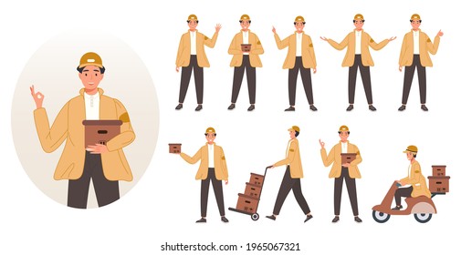 Courier or delivery service workers standing in different poses. Characters set with parcels packages boxes. Vector illustration delivery service concept