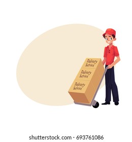 Courier, delivery service workerwith hand cart, dolly loaded with boxes, cartoon vector illustration with space for text. Full length portrait of delivery service man with hand cart, dolly