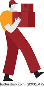 Proveedor de servicios de entrega. Hombre de parto con uniforme naranja llevando una caja de cartón. Ilustración de dibujos animados de vector plano.