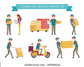 Courier and delivery set. Simple character with flat design style. 