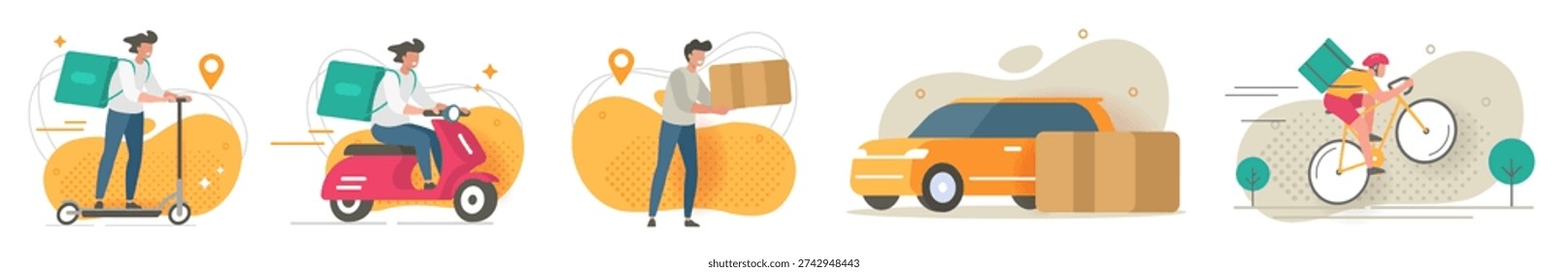 Courier delivery set vector modern graphic illustration, car or scooter food order shipping service design, motorcycle vehicle or bicycle people riders shipment, mail postal supply distribution drawn