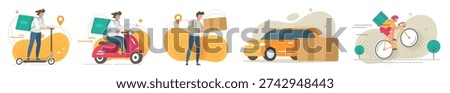 Courier delivery set vector modern graphic illustration, car or scooter food order shipping service design, motorcycle vehicle or bicycle people riders shipment, mail postal supply distribution drawn