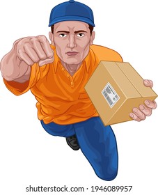 A courier delivery superhero man delivering package parcel box while flying through the air 
