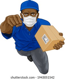 A courier delivery superhero man wearing a PPE mask and delivering a package parcel box while flying through the air 