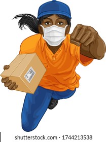 A courier delivery superhero woman wearing a PPE mask and delivering a package parcel box while flying through the air 