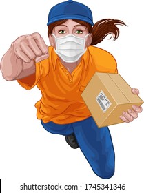 A Courier Delivery Superhero Woman Wearing A PPE Mask And Delivering A Package Parcel Box While Flying Through The Air 