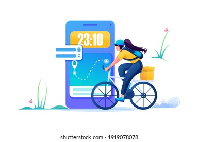Entrega de Courier al momento en que el usuario lleva los productos en una bicicleta. Diseño web en 2D plano.