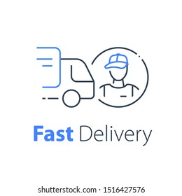 Courier delivery, truck transportation company, messenger service, order distribution, fast relocation, mover worker, vector thin line icon