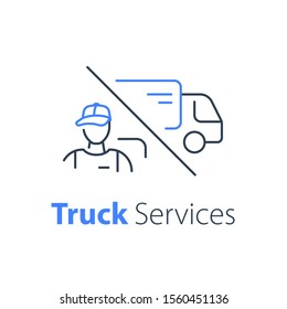 Courier delivery, truck transportation company, messenger service, order distribution, fast relocation, mover worker, vector thin line icon