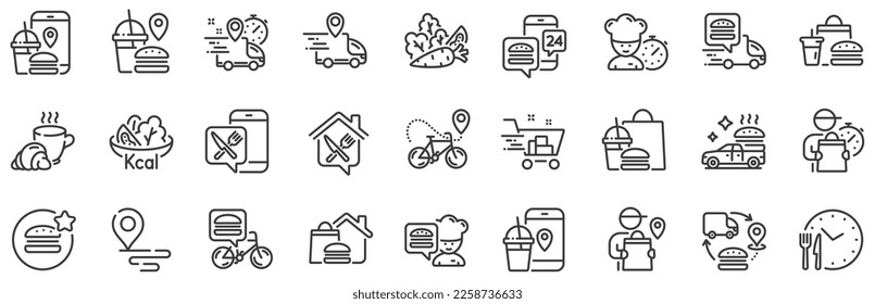 Courier, Deliveryman, Grocery retail. Food delivery line icons. Delivery truck, meal bag, home food order icons. Cart deliver, contactless service, courier location. Fast food package. Vector