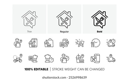 Correio, entregador, supermercado. Ícones da linha de distribuição de alimentos. Caminhão de entrega, saco de refeição, ícones de ordem de comida para casa. Entrega do carrinho, serviço sem contato, localização do correio. Pacote de fast food. Vetor