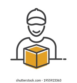 Courier or deliveryman with parcel or shipment in front of him.