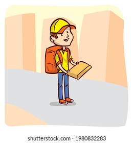 Courier. ¡Traición! Un joven con una mochila sostiene una caja. Trabajar para un adolescente. Los adolescentes trabajan de vacaciones. Vector de dibujos a mano.