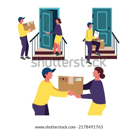 courier at the door of the client the client is waiting for the parcel at the door delivering the parcel to the door