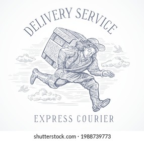 Courier drawn in a symbolic, style of engraving in a hurry to deliver the cargo.