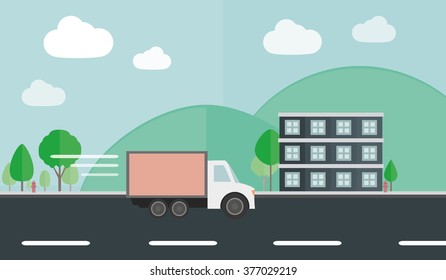 courier driver flat vector style. flat street with a road with transportation vehichle