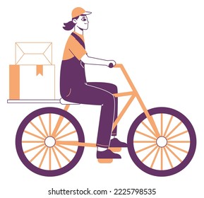 Courier driving bike, delivery service worker. Delivery worker, courier characters receiving parcels isolated flat vector illustration on white background
