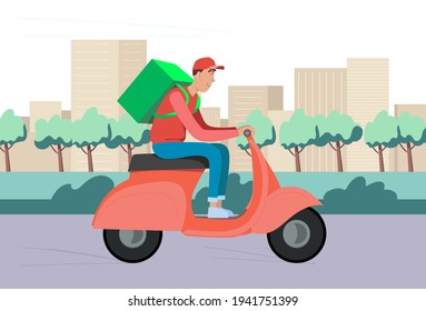  Courier driving a motorcycle with the package. Delivery man.Vector illustration.