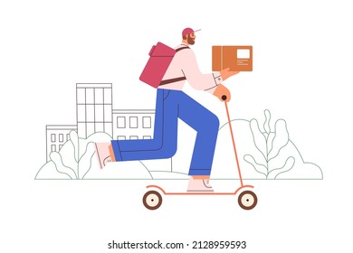 Motocicleta de manejo de Courier con caja. Entregar a un motociclista del servicio de entrega rápida. Hombre con mochila y cartón con olor a ecología. Ilustración vectorial plana aislada en fondo blanco