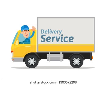 Courier driving the truck. Delivery service. Vector illustration, flat cartoon style. Isolated on white background.