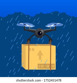 The courier drone flies in the rain. Delivery of a parcel in rainy weather. Dark sky. Vector illustration.