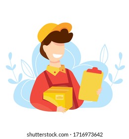 Entrega urgente de Courier. Un chico con un paquete. Entrega rápida y gratuita.  Joven con un paquete de caja grande de la tienda en línea. Ilustración vectorial. 