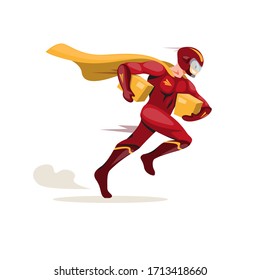 Courier express mascot hero, superhero courier running fast carrying package deliver to customer in cartoon flat illustration vector isolated in white background