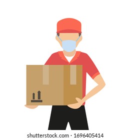 Courier in a face mask with a box in his hands. Portrait from the waist up. Vector flat illustration.