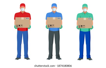 Courier in a face mask with a box in his hands. Delivery of goods during the prevention of coronovirus, Covid-19.