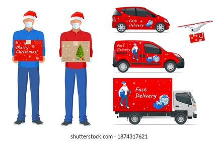 Courier in a face mask with a box in his hands. Delivery of goods during the prevention of coronovirus, Covid-19. Set of cargo trucks side view and drone. Delivery Vehicles isolated. Cargo Truck, Van