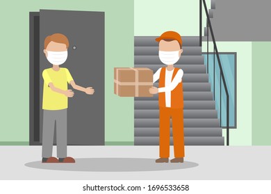Courier in face mask deliver parcel to man near his flat. Vector illustration.