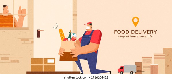 Courier with face mask dropping groceries and package at door without physical touching anyone, concept of safe food delivery during COVID-19 outbreaks