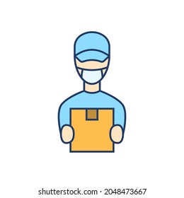 Courier in face mask flat line icon