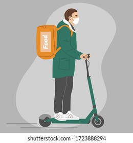 courier in a face mask and gloves on a scooter with a thermos bag. Food delivery during the coronavirus pandemic, covid-19. Stay at home.