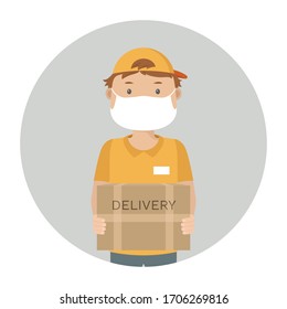 Courier en caja de retención de máscara facial. Icono del vector.