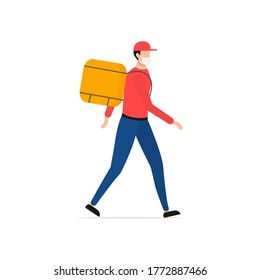 Courier in a face mask with parcel box vector isolated on white. Deliver wearing in respiratory mask to prevent corona virus pandemic. Fast and free delivery. Ecological fast delivery.