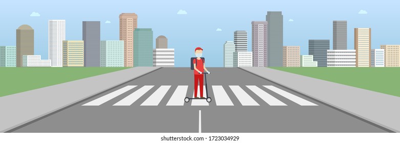 Courier in face mask riding on kick scooter. Food delivery. Vector illustration. 